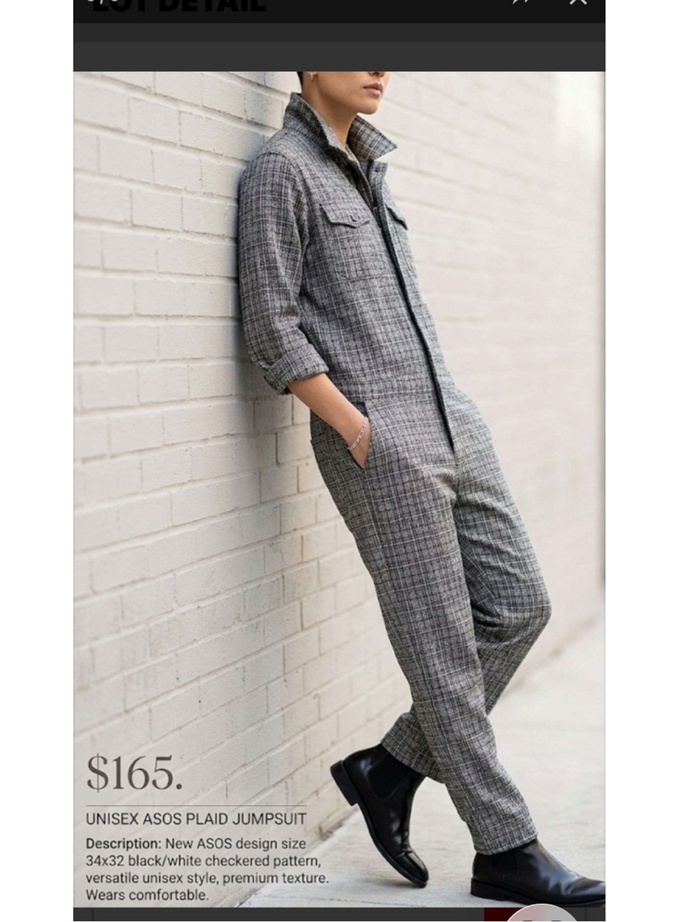 ASOS DESIGN Unisex Plaid Boiler Suit Jumpsuit Black White W34 x L32